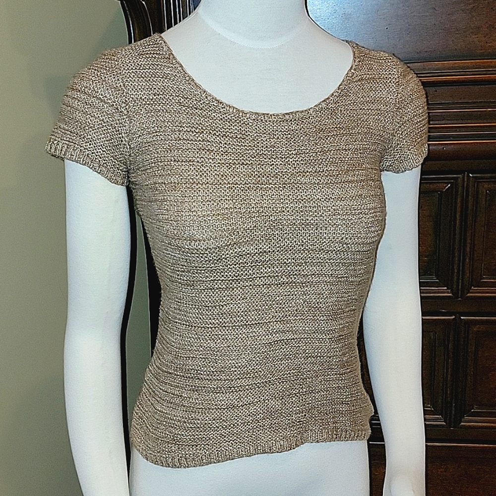 🤎 LOFT Golden Brown Glittery Wool Sweater Tee, Size XXSP